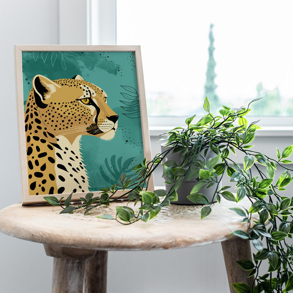 Cheetah Print Boho Wall Decor - Olive Green Bohemian Farmhouse Living Room Decor, Contemporary art - Minimalist Mid-century modern Botanical Wall Art for Women, Men - Big cat Bedroom Decorations