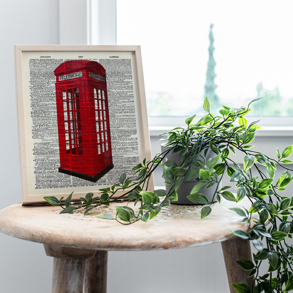 Upcycled Dictionary Wall Art Print - Vintage 8x10 Unframed Photo - Perfect Easy Gift - Chic Home Decor - Red British Phone Booth