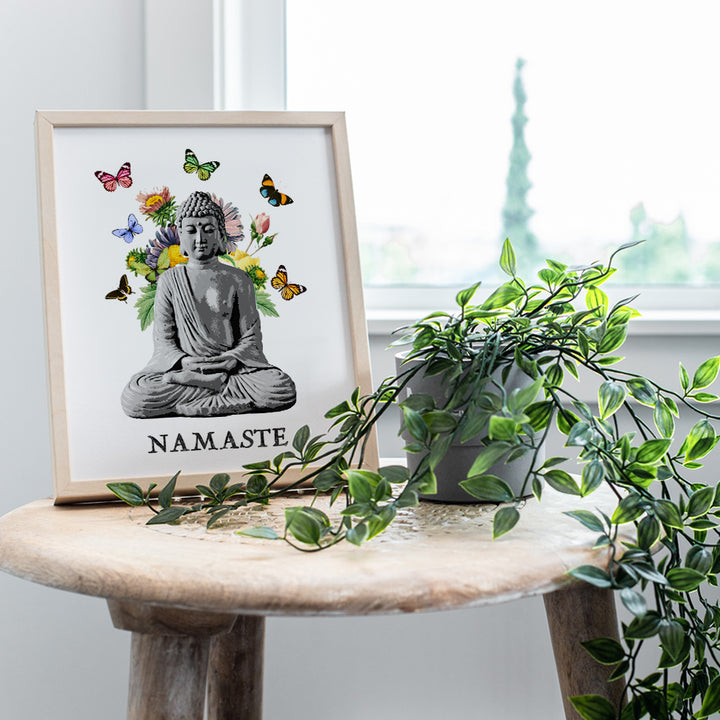 Namaste Buddhism Buddha Statue Wall Art Print - 8x10 Photo, Home Decor, Meditation Room, Spa or Yoga Studio Decoration - Boho Zen New Age Gift - Unframed Butterfly Poster Picture