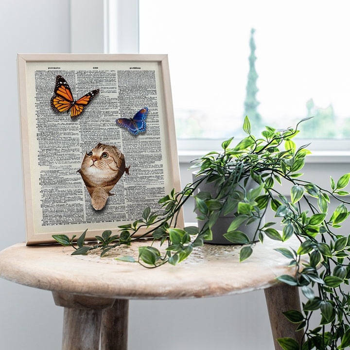 Cat Wall Art - Cat Wall Decor - Kitten and Butterflies Dictionary Art - 8x10 Photo Poster - Unique Gift for Cat Lovers, Vet, Veterinarians Office - Original Unframed Artwork Picture Print