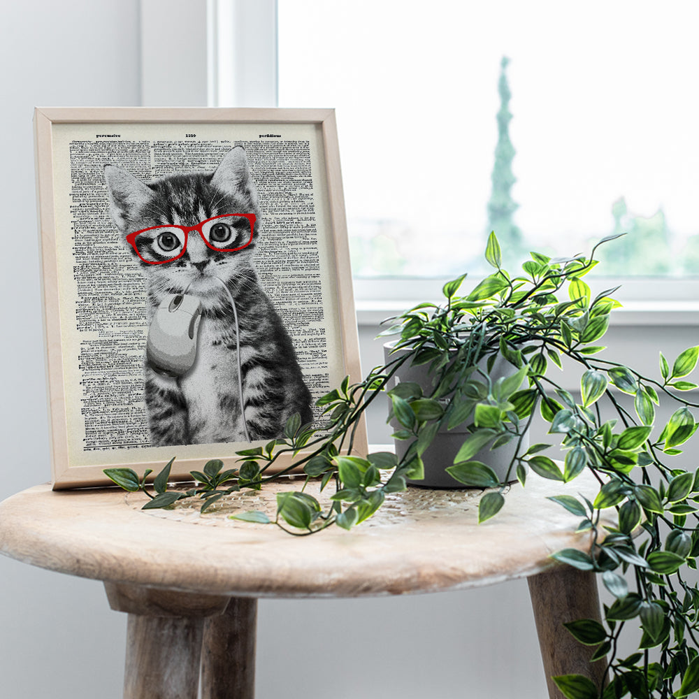 Cat and Mouse Dictionary Art - 8x10 Cat Wall Art Poster Print - Unique Gift for Animal Lovers, Kitty, Kitten and Computer Fans, Pet Owners - Cute, Funny Cat Wall Decor, Home Decoration