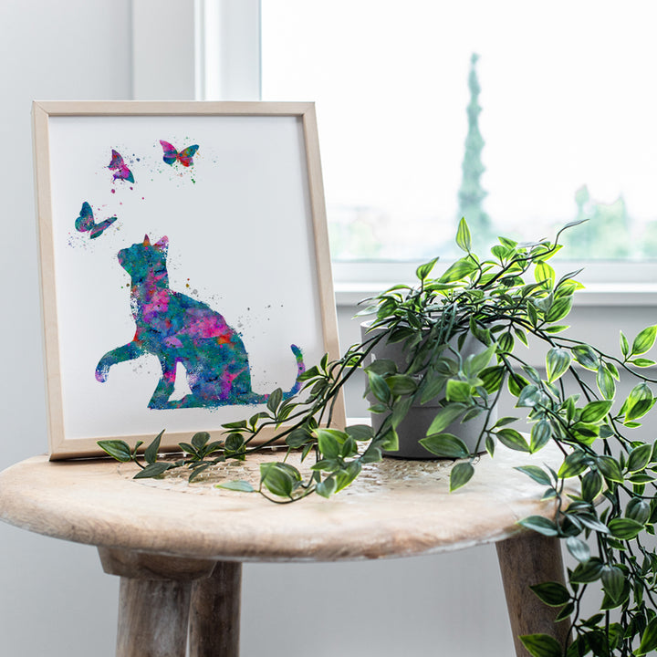 Cat Wall Art - Butterfly Room Decor, Home Decoration for Kids Bedroom, Living Room, Girls, Teens, Toddler, Baby Room or Nursery - Cute Cat Wall Decor Gift for Kitty, Pet Lover - Colorful Watercolor