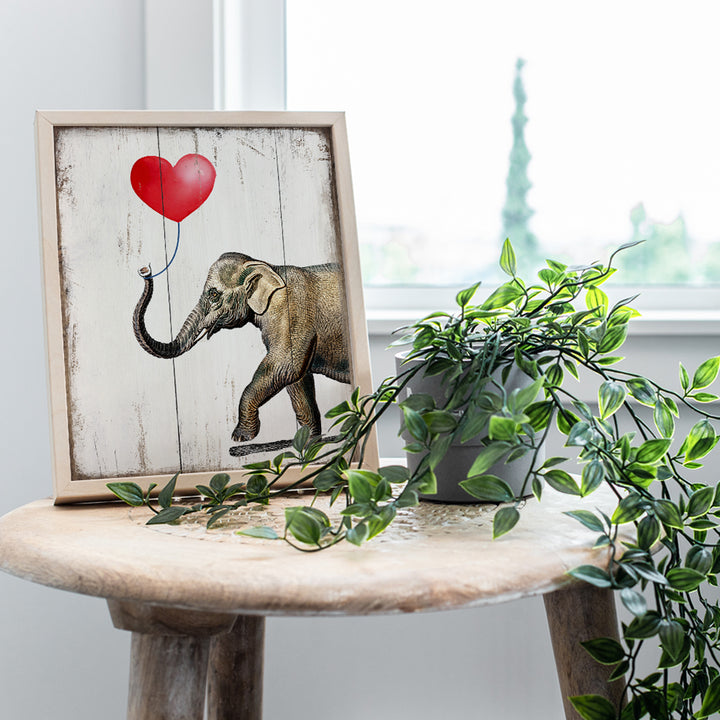 Elephant With Heart Balloon - Cute Unique Room or Home Decor for Women, Girls Room, Bedroom, Living Room - Rustic Vintage Sign Plaque Replica Wall Art Print - Romantic Gift - Unframed