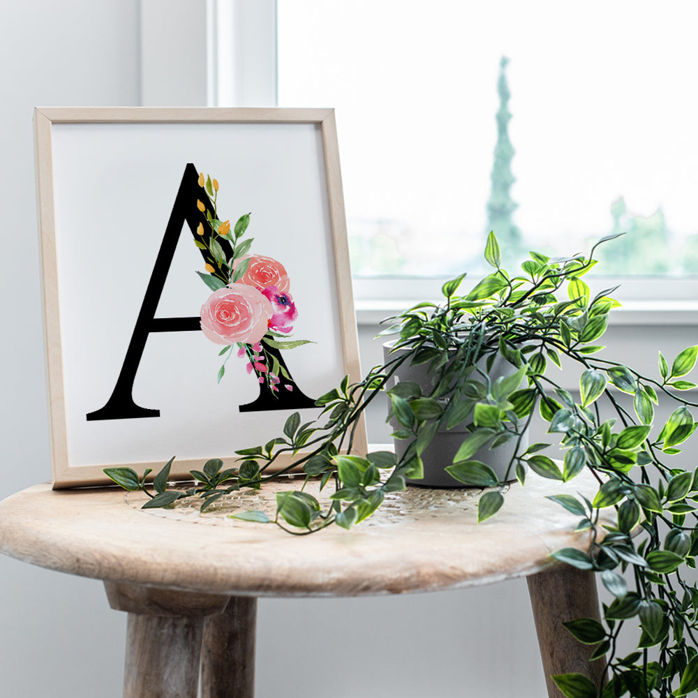 A Initial Monogram Wall Decor - Floral Art Home Decoration for Bedroom, Living Room, Bathroom, Office - Personalized Monogrammed Gift for Women, Girls, Teens - Pink Roses Sign - Unframed