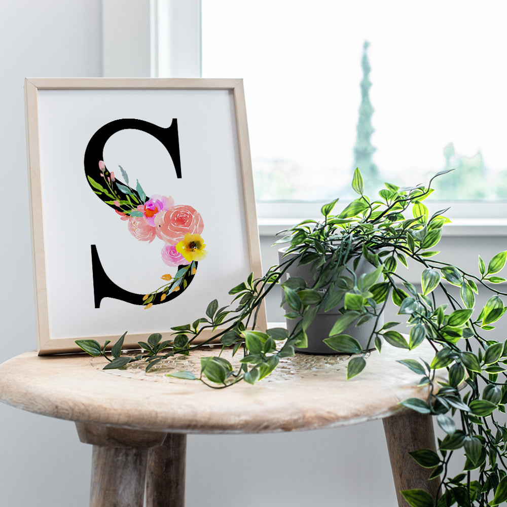 Letter S Initial Monogram Wall Decor - Floral Alphabet Art Home Decoration for Bedroom, Living Room, Bathroom, Office - Personalized Monogrammed Gift for Women, Girls, Teens - Pink Roses Sign