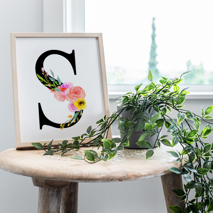 Letter S Initial Monogram Wall Decor - Floral Alphabet Art Home Decoration for Bedroom, Living Room, Bathroom, Office - Personalized Monogrammed Gift for Women, Girls, Teens - Pink Roses Sign