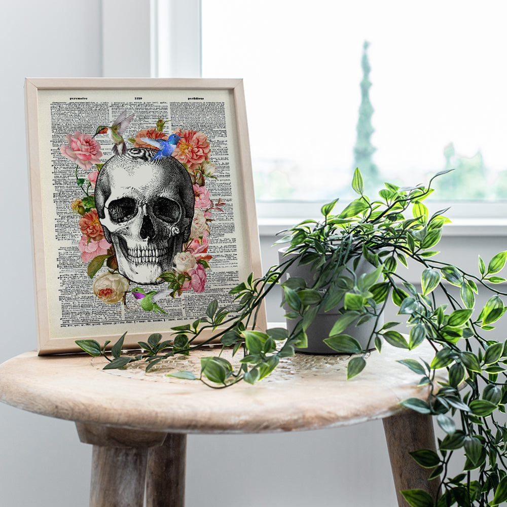 Goth Gothic Skull Wall Decor - Boho, Bohemian Vintage Medical Wall Art for Bedroom, Living Room, Doctor Office - Shabby Chic Gift for Women, Nurse, RN, CNA - 8x10 UNFRAMED Floral Poster