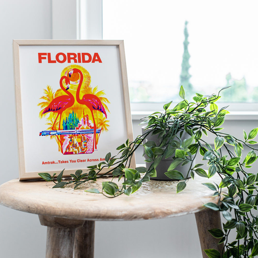 Florida Vintage Travel Poster Art Print, Wall Art Poster - Unique Home Decor for Beach House, Living Room, Kitchen, Office, Bedroom, Bathroom - Great Tropical Gift for Flamingo Lovers - 8x10 Photo