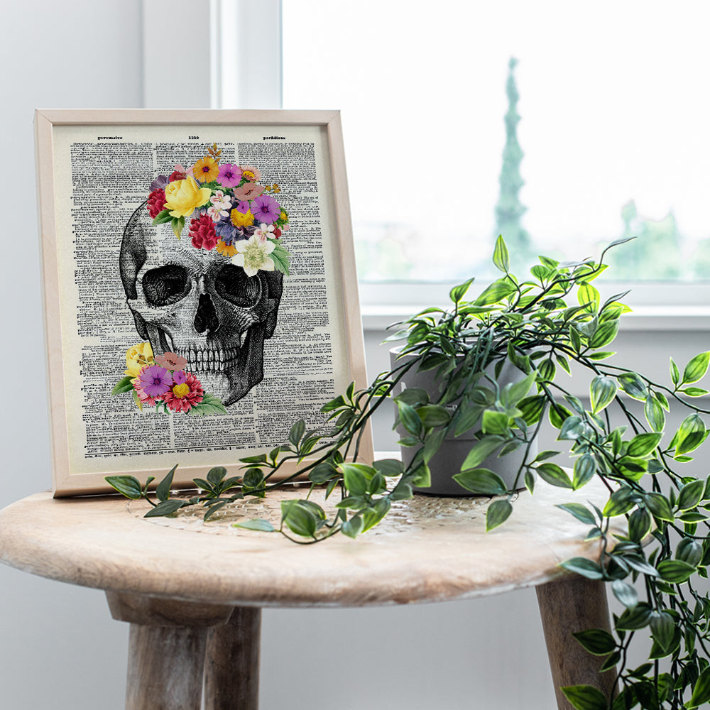 Floral Skull Dictionary Wall Art Decor Anatomy Print - 8x10 Upcycled Vintage Home Decoration for Bedroom, Bathroom - Unique Shabby Chic Gift for Steampunk, Goth Fans, Women - Unframed