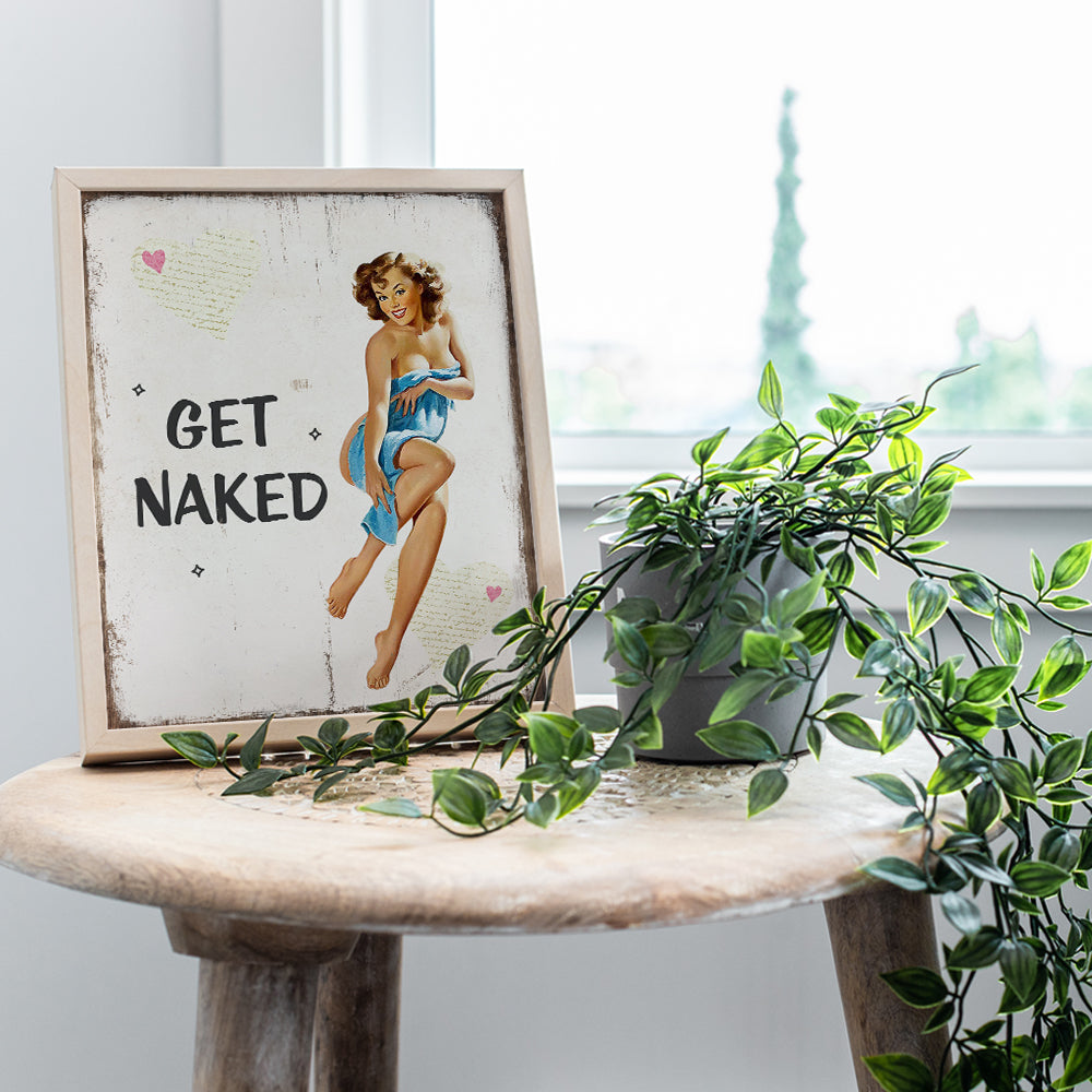 Rustic Get Naked Bathroom Wall Art Decor - Funny 1950s Vintage Plaque Photo - 8x10 Restroom Sign Poster Print for Powder Room, Bath - Cute Bathroom Decoration for Women - Blue Pinup Girl - Unframed