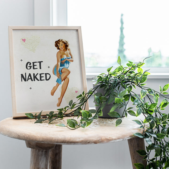 Vintage Get Naked Sign, 1950s Retro Pinup Girl Bathroom Wall Art Decor - Funny 8x10 Poster Print Gift for Powder Room, Guest Bath, Cute Bathroom Decoration for Women - Blue