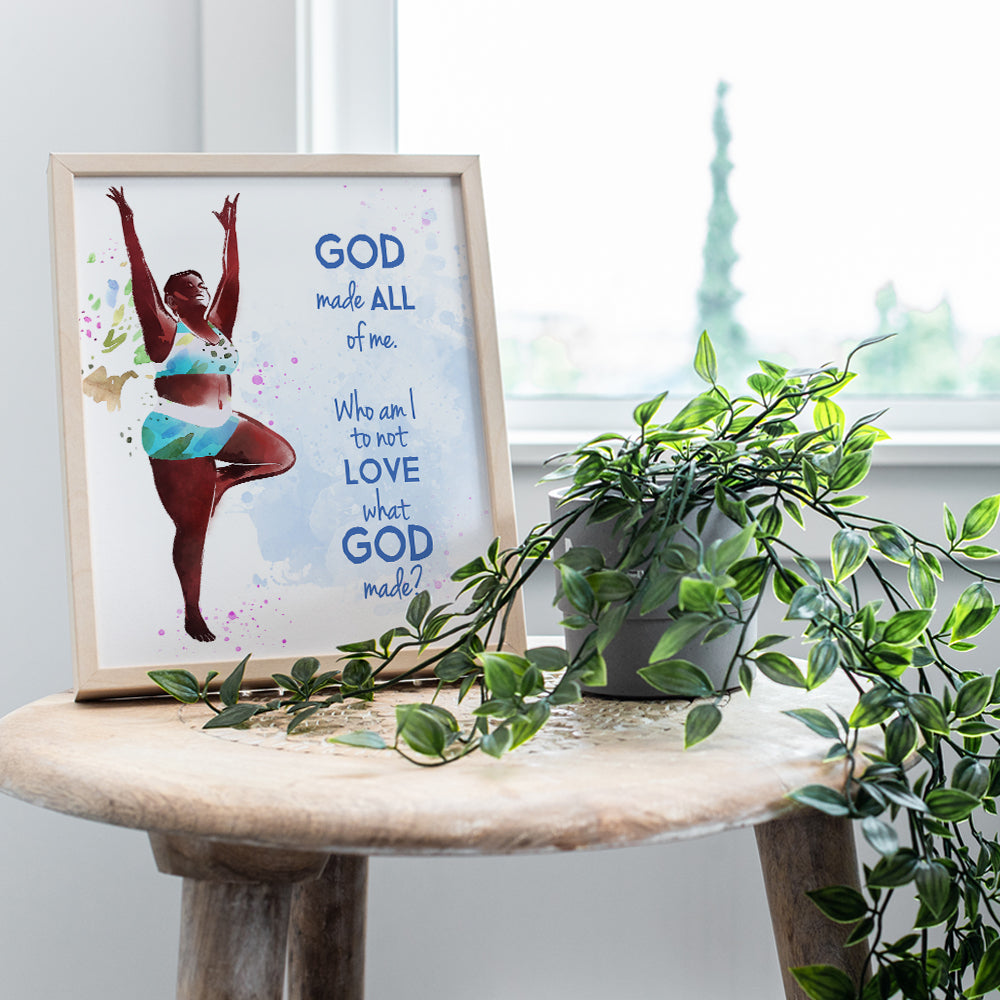 God Made All of Me Religious Christian Bible Verse Wall Art - Inspirational Room Decor for Black African American Woman, Teens, Girls - Motivational Encouragement Gift for Plus Size Curvy Women