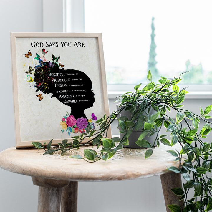 African American Girls Bedroom Wall Art & Decor - Black Art - Religious Christian Holy Scripture Bible Verses - God Says You Are - Spiritual Inspirational Positive Quotes - Uplifting Daughter Gifts