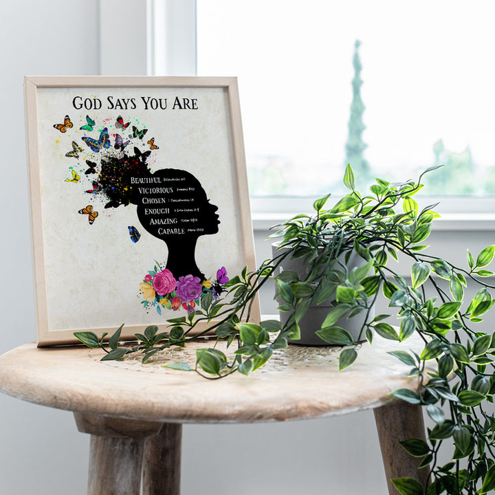 Religious Wall Art & Decor - African American Women, Girls - Christian Scripture Bible Verses - God Says You Are Inspirational Positive Quotes - Uplifting Encouragement Gifts - Afro Black Art