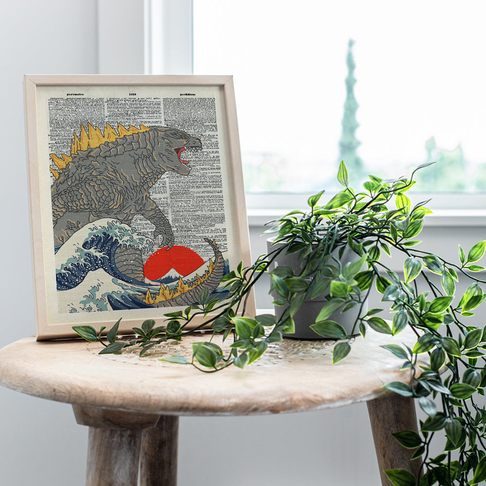 Godzilla Dictionary Poster, Great Wave Off Kanagawa - 8x10 UNFRAMED Wall Decor, Art Print - Gift for Vintage Hollywood Monster Movie, Horror Movies Fans - Boys Room, Teen Room Decor