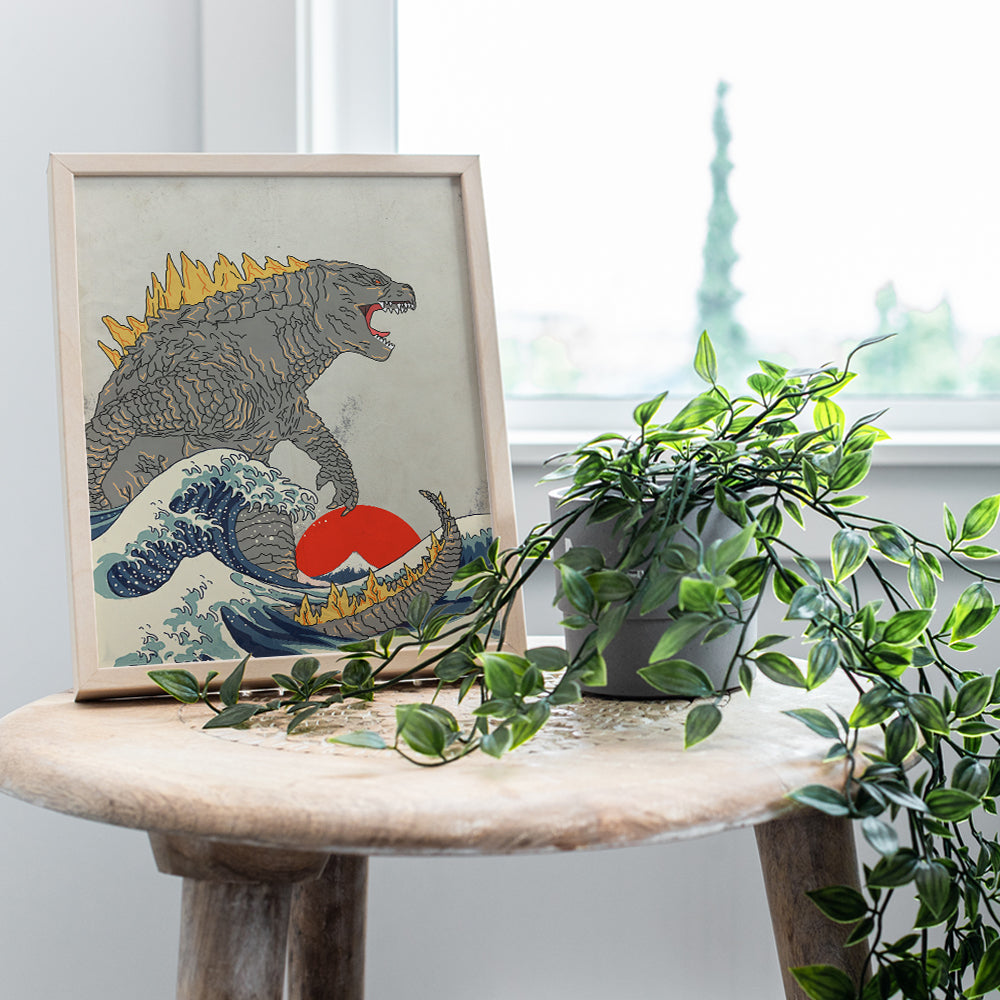 Great Wave Off Kanagawa - Godzilla Poster, Monster Movie Wall Decor, Art Print - Gift for Vintage Hollywood Horror Movie Fans - Boys Room, Teen Room Decor - 8x10 UNFRAMED Picture Print