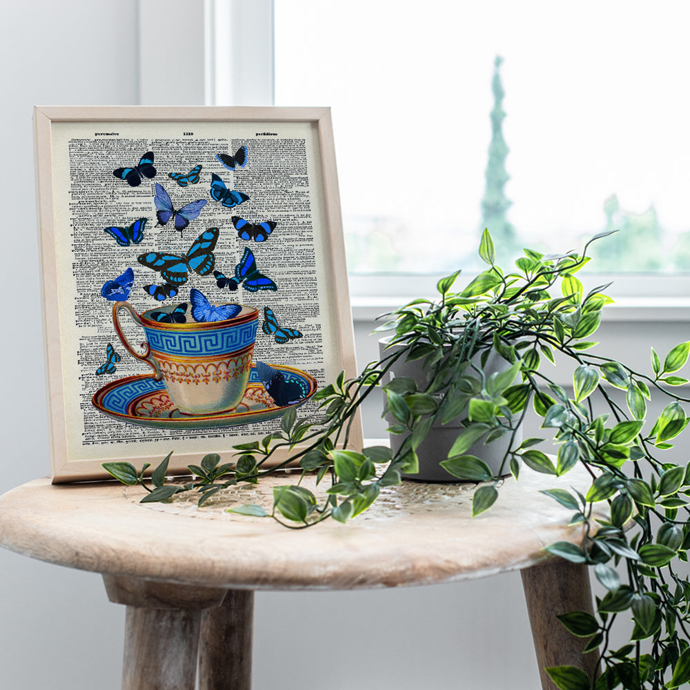 Greek Teacup and Butterflies On Photo of Dictionary Page - Unframed Wall Art Print - Perfect Easy Gift and Great For Home Decor - Ready to Frame (8x10) Photo