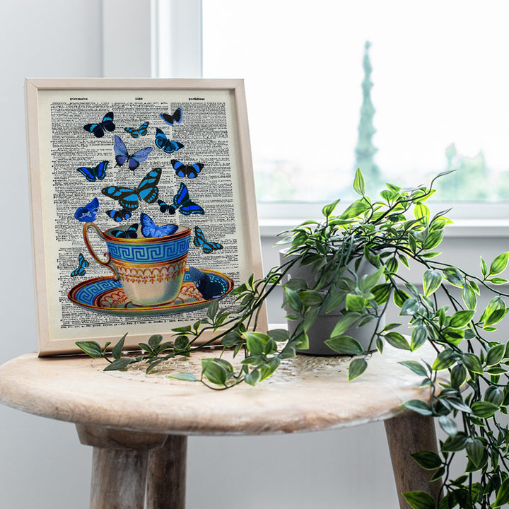 Greek Teacup and Butterflies On Photo of Dictionary Page - Unframed Wall Art Print - Perfect Easy Gift and Great For Home Decor - Ready to Frame (8x10) Photo