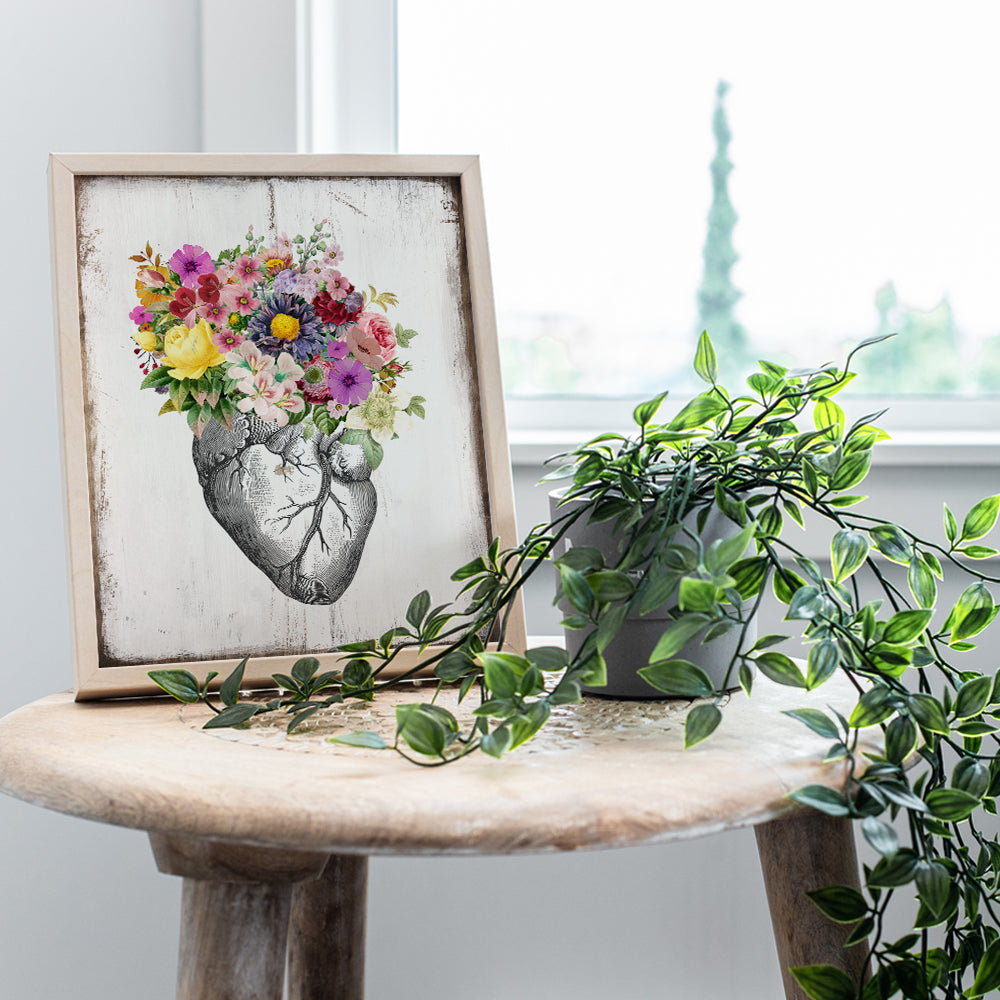 Floral Heart Rustic Wall Art - 8x10 Vintage Shabby Chic Home Decor, Decoration for Living Room, Bedroom, Bathroom, Medical Office, Hospital ER- Gift for Nurse, Doctor, RN, Physicians Assistant, Women