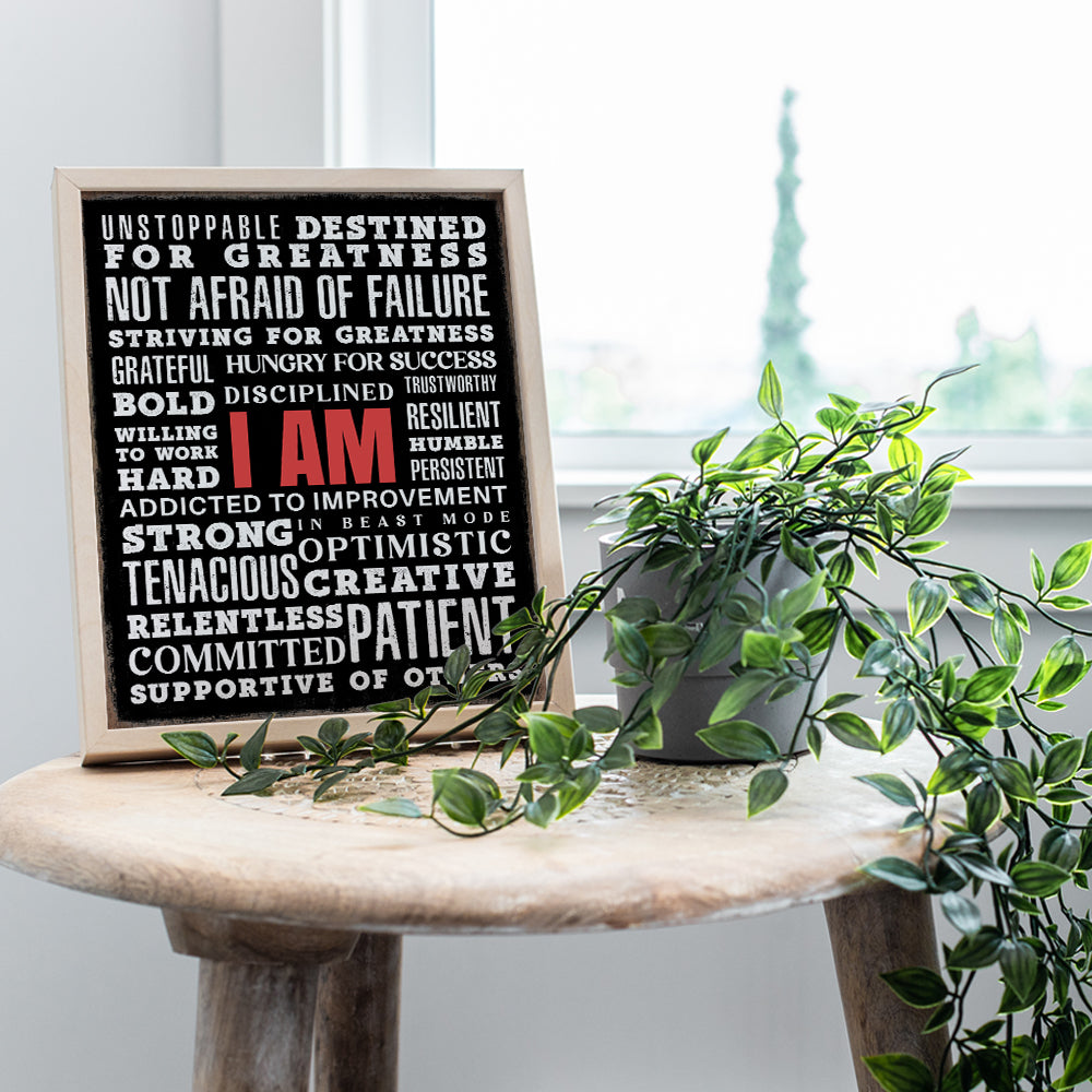 I Am Motivational Wall Art - positive Affirmations Man cave Wall Decor - Inspirational Quotes Wall Decor for Men - Home Office Encouraging Gifts - Workplace Success Wall Art - Inspiring Wall Art