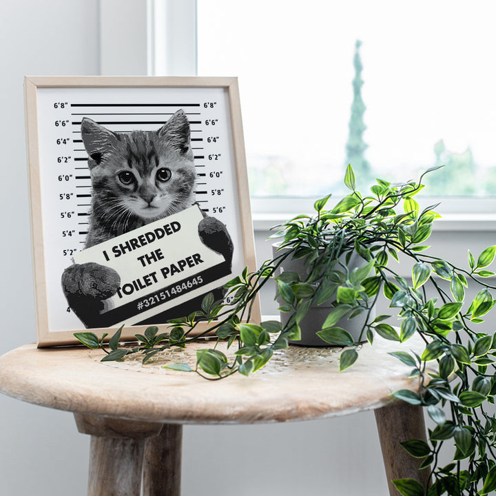 Funny Cat Bathroom Wall Art Decor - 8x10 Humorous Mugshot Home Decoration Poster for Restroom, Guest Bath, Powder Room - Gag Gift for Cat Lovers - Cute Picture Photo Print