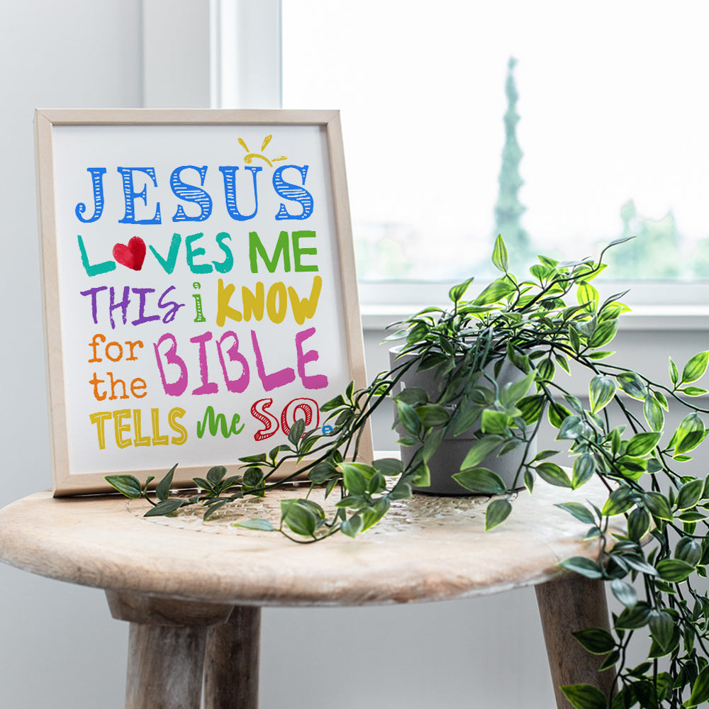 Religious Christian Kids Room Decor for Girls, Boys, Toddler Bedroom - Cute Baby Shower Gift - Jesus Loves Me Bible Verse Wall Art Print - 8x10 Poster Picture