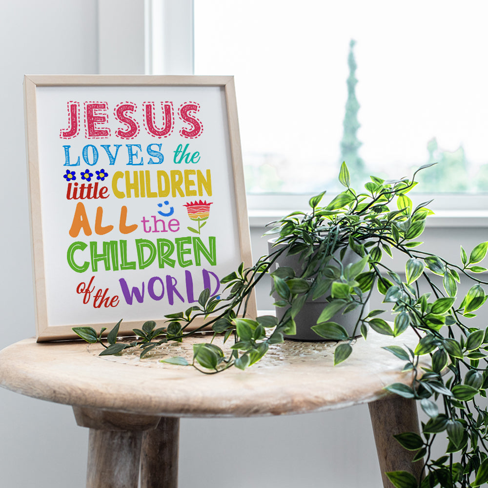 Girls, Boys, Kids Bedroom Decor - Religious Christian Wall Art, Room Decoration - Cute Baby Shower Gift - Jesus Loves the Little Children Bible Verse Wall Art Print - 8x10 Poster Picture