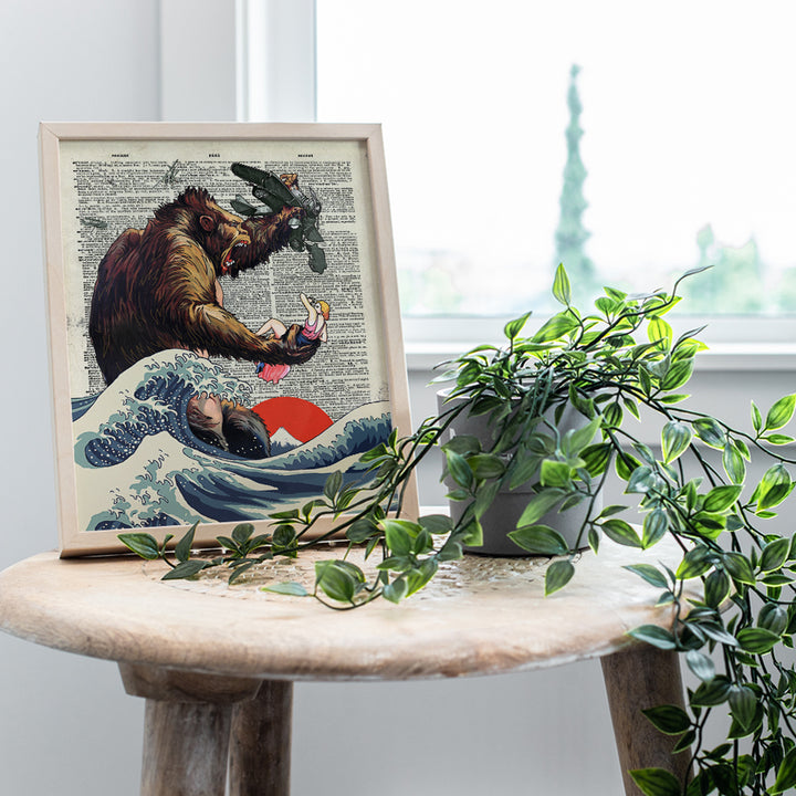 King Kong - Great Wave Off Kanagawa Poster - 8x10 Scary Monster Movie Wall Art Print - Gift for Vintage Hollywood Horror Movie Fans - Boys Bedroom, Teen Room Wall Decor - UNFRAMED Picture Print