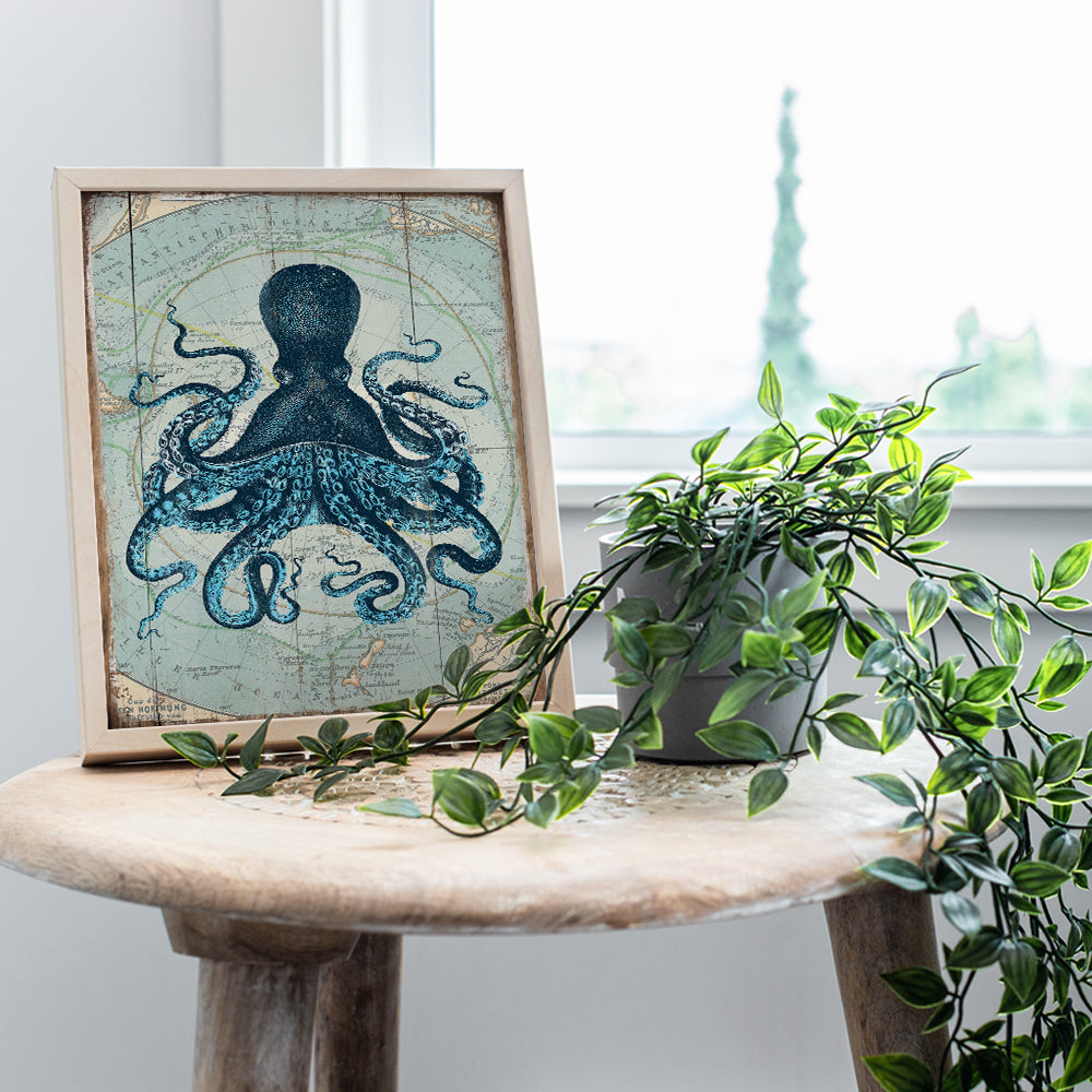 Retro Style Nautical Home, Office, Apartment or Wall Decor Picture - Vintage Octopus Photo Print is Great Gift or Decoration for Bathroom, Beach or Ocean House - 8x10 Art Poster