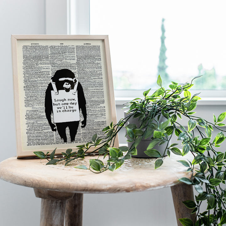 Banksy Graffiti Dictionary Art - Laugh Now Monkey Chimp Poster - 8x10 Street Mural, Urban Wall Decor, Dorm or Home Decoration - Cool Affordable Gift - Unframed Picture Photo Poster