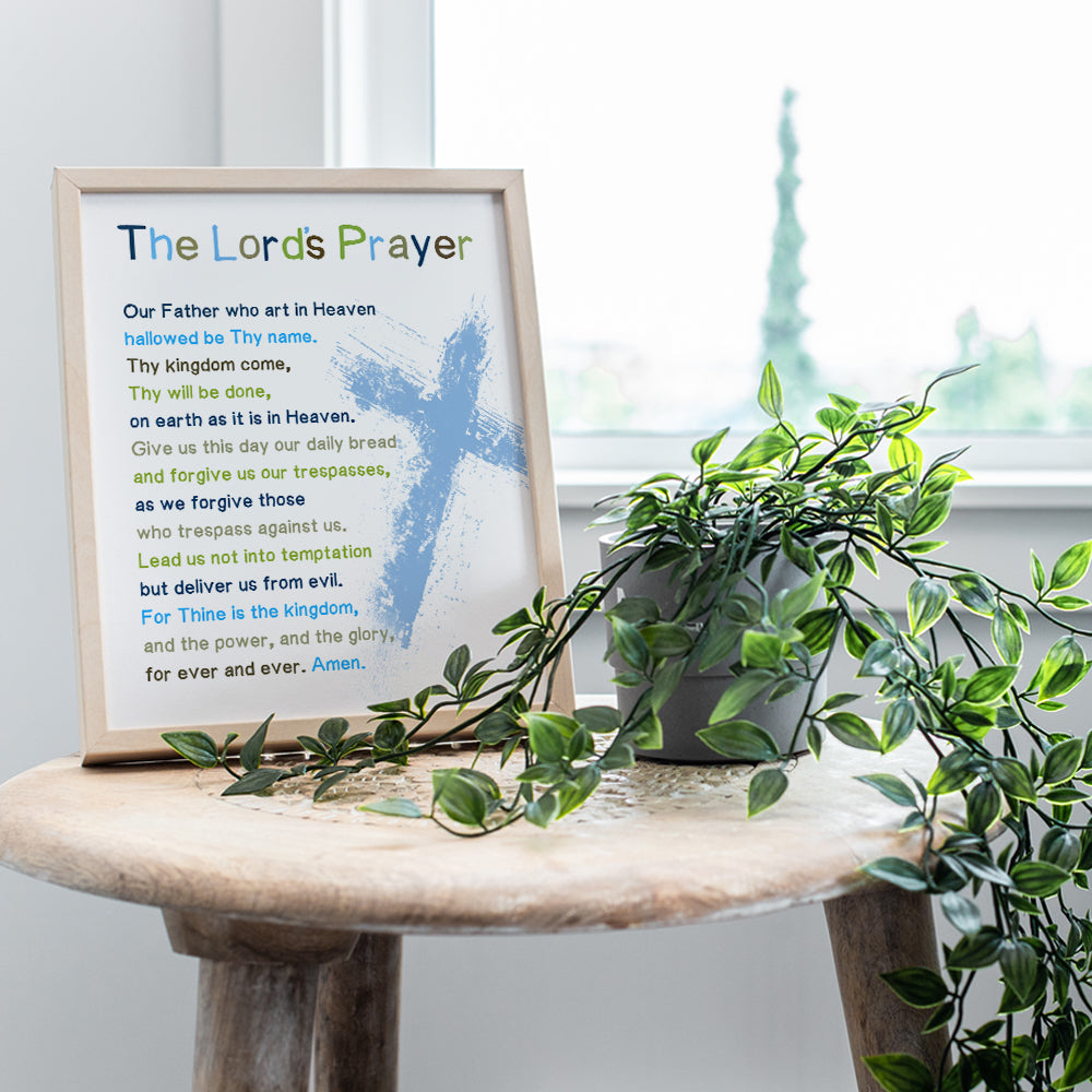 Lords Prayer Bible Verse Wall Art - Religious Scripture Boys Room Decor - Christian Gifts for Toddler or Baby Boys Bedroom, Son - Blessed Church Sunday School Kids Decorations - Cross Picture Poster