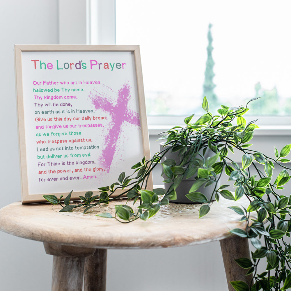 Lords Prayer Bible Verse Wall Art - Religious Scripture Girls Bedroom Decor - Christian Daughter Gifts for Toddler, Baby Girls Room - Blessed Church Sunday School Kids Decorations - Pink Cross Poster