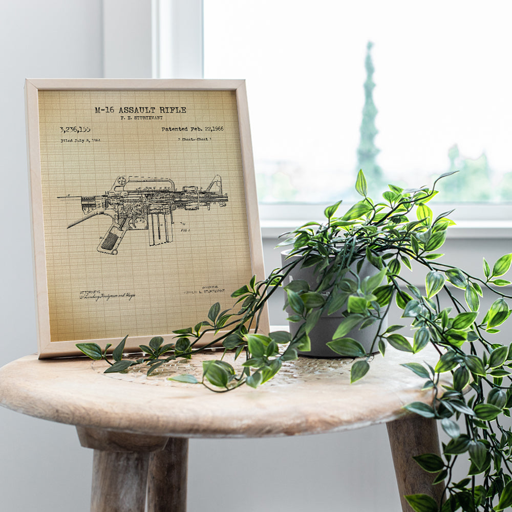 M-16 Assault Rifle Patent Print - Unique Gift or Wall Art for Gun, Firearm, 2nd Amendment Enthusiasts, Army Marines Military Veterans - Home Decor for Man Cave, Living Room - 8x10 UNFRAMED Poster