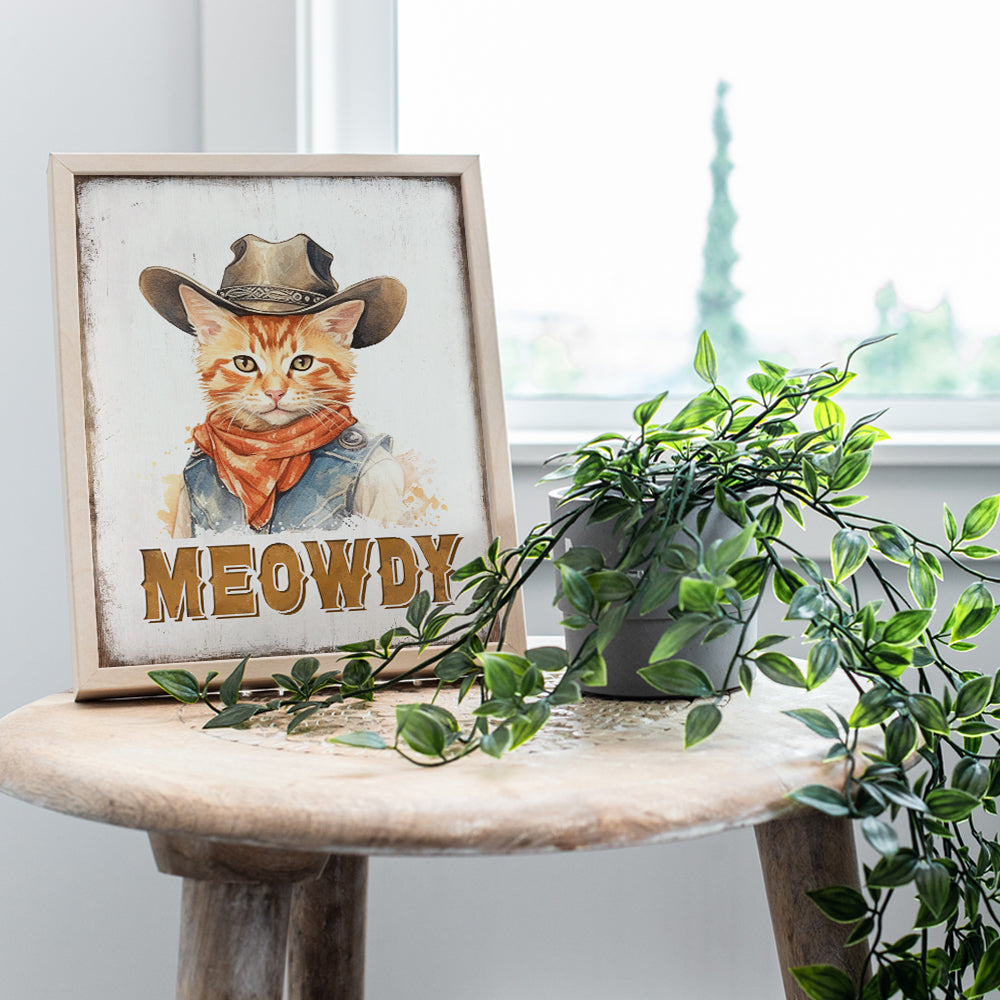 Cute Cat Wall Decor - Meowdy Western Wall Decor - Rustic Country Decor - Funny Cat Themed Wall Art Poster - Boho Farmhouse Home Decor - Cowgirl Cat Stuff - Little Girls Bedroom Decor Sign - Cat Gifts