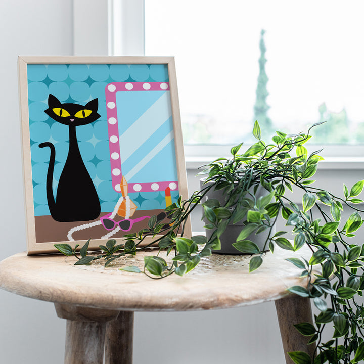 Mid Century Cat Wall Decor - Cute Cat Gifts for Women, Woman, Cat Mom, Girl - Cat Stuff Blue Bathroom Decor - Minimalist Cat Wall Art - Modern Bathroom Wall Decor for Women - Black cat Lover Gifts