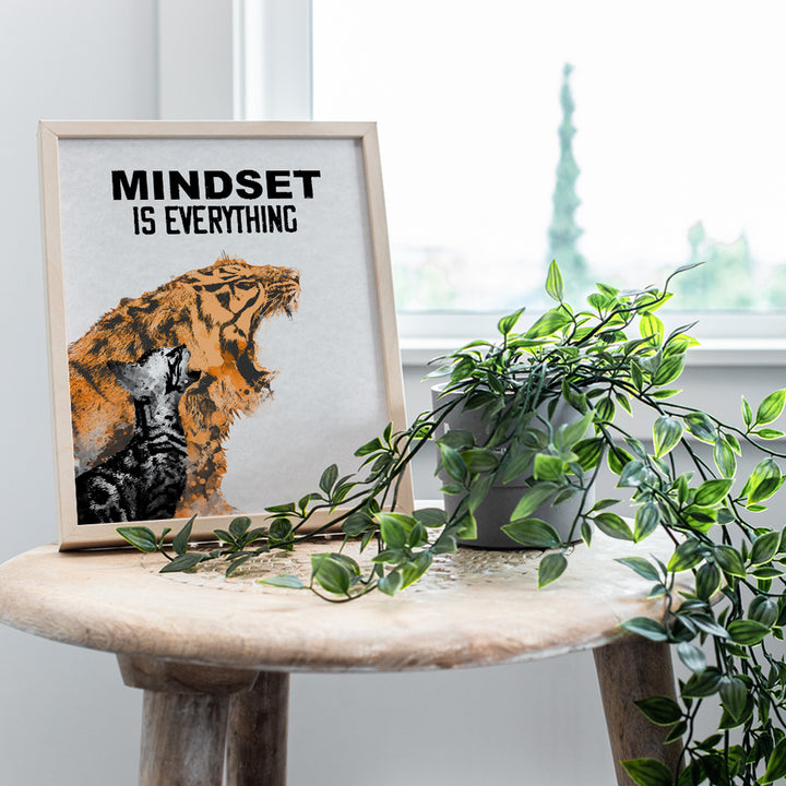 Motivational Wall Art Poster - Home, Office Decor - Gift for Entrepreneur, Student, Men, Teens - Positive Uplifting Inspirational Self-Improvement Quote w/Tiger, Cat, Kitten - Mindset is Everything