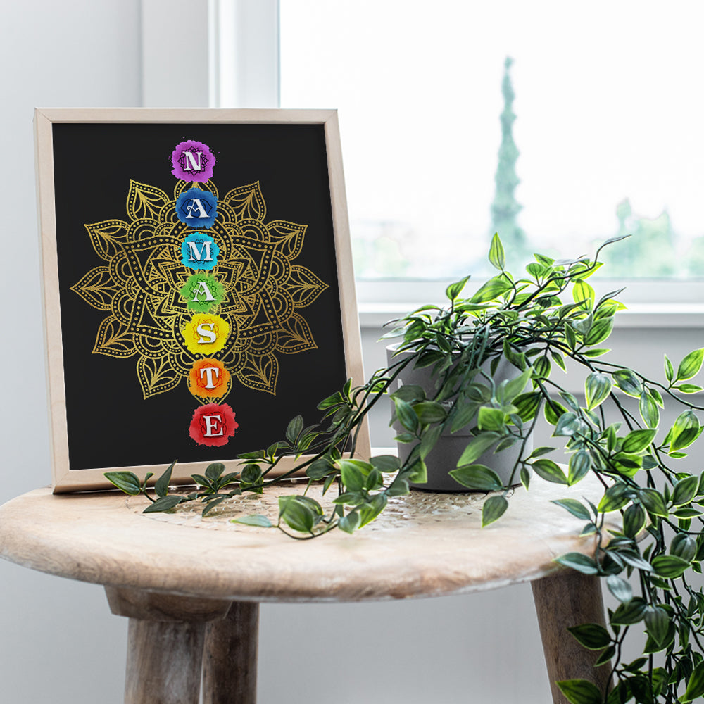 Chakras Namaste Lotus Flower Mandala Wall Decor - Zen Buddhism Art for Spa Room Decor, Bedroom, Bathroom - Meditation Gifts for New Age Women, Buddhist - Gold Black Yoga Poster Print