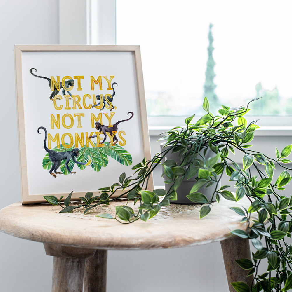 Not My Circus Not My Monkeys Sign - Sayings for Wall Decor - Funny Sayings - Palm Wall Decor - Monkey Decor - Yellow, Green Circus Decorations - Monkey Decorations