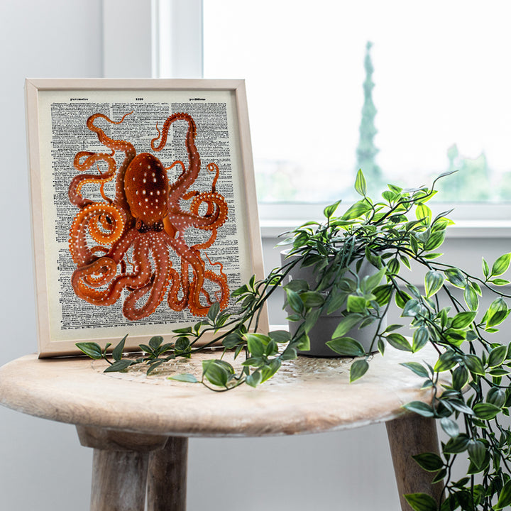 Orange Octopus Unframed Dictionary Wall Art Print - Perfect For Beach House Home Decor and Easy Gift Giving - Ready to Frame (8x10) Photo