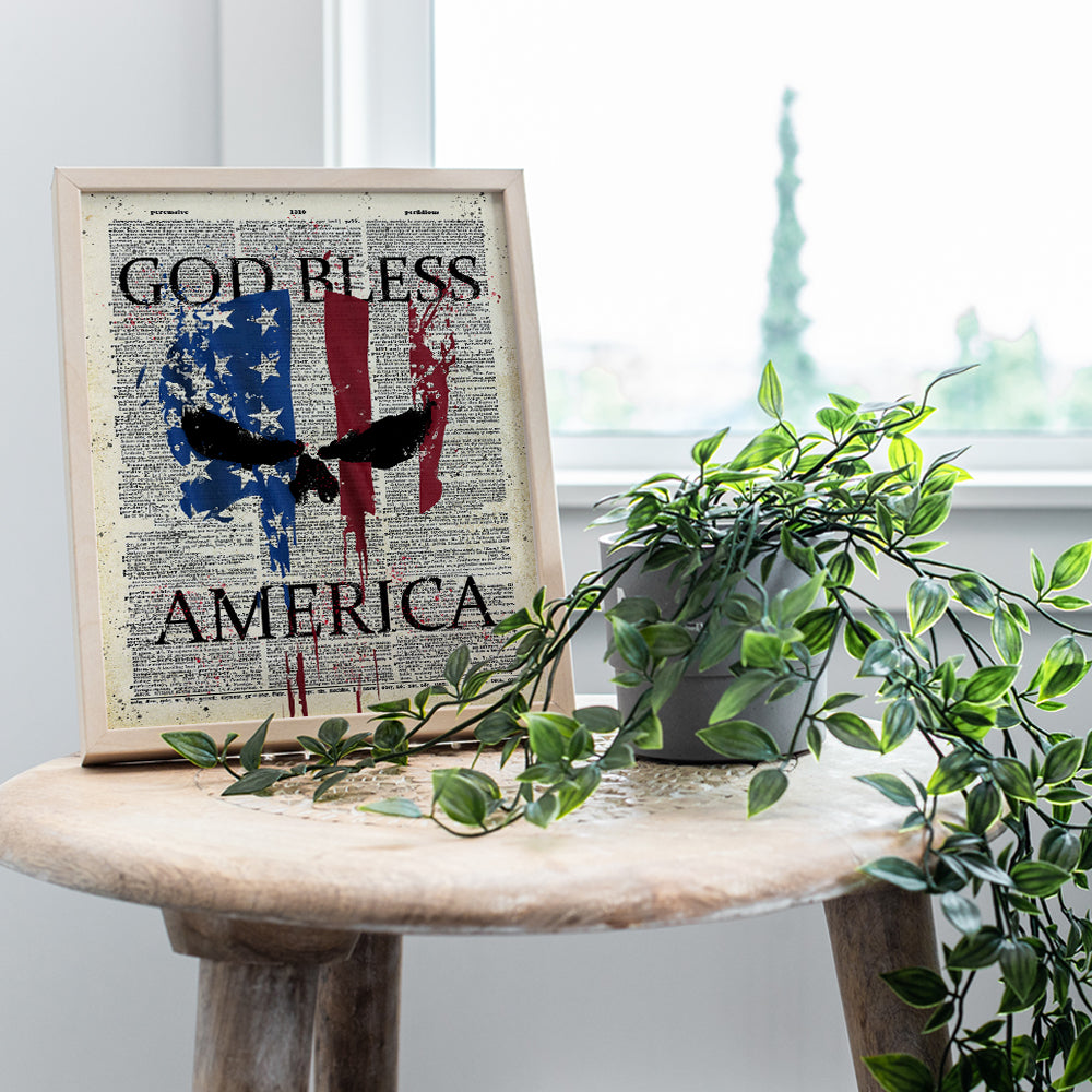 Patriotic American Flag Punisher Dictionary Art Print - Vintage Upcycled God Bless America Wall Art Poster- Great Home or Office Decor - Gift for Military Veterans, Vets, 4th of July - 8x10