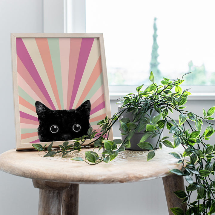 Mid Century Cat Boho Decor - Cute Cat Wall Decor - Pink Boho Wall Art Minimalist Room Decor - Vintage Retro Black cat Stuff, Cat Mom, Cat Lover Cat Themed Gifts for Women - Boho-chic Decor Cat Poster