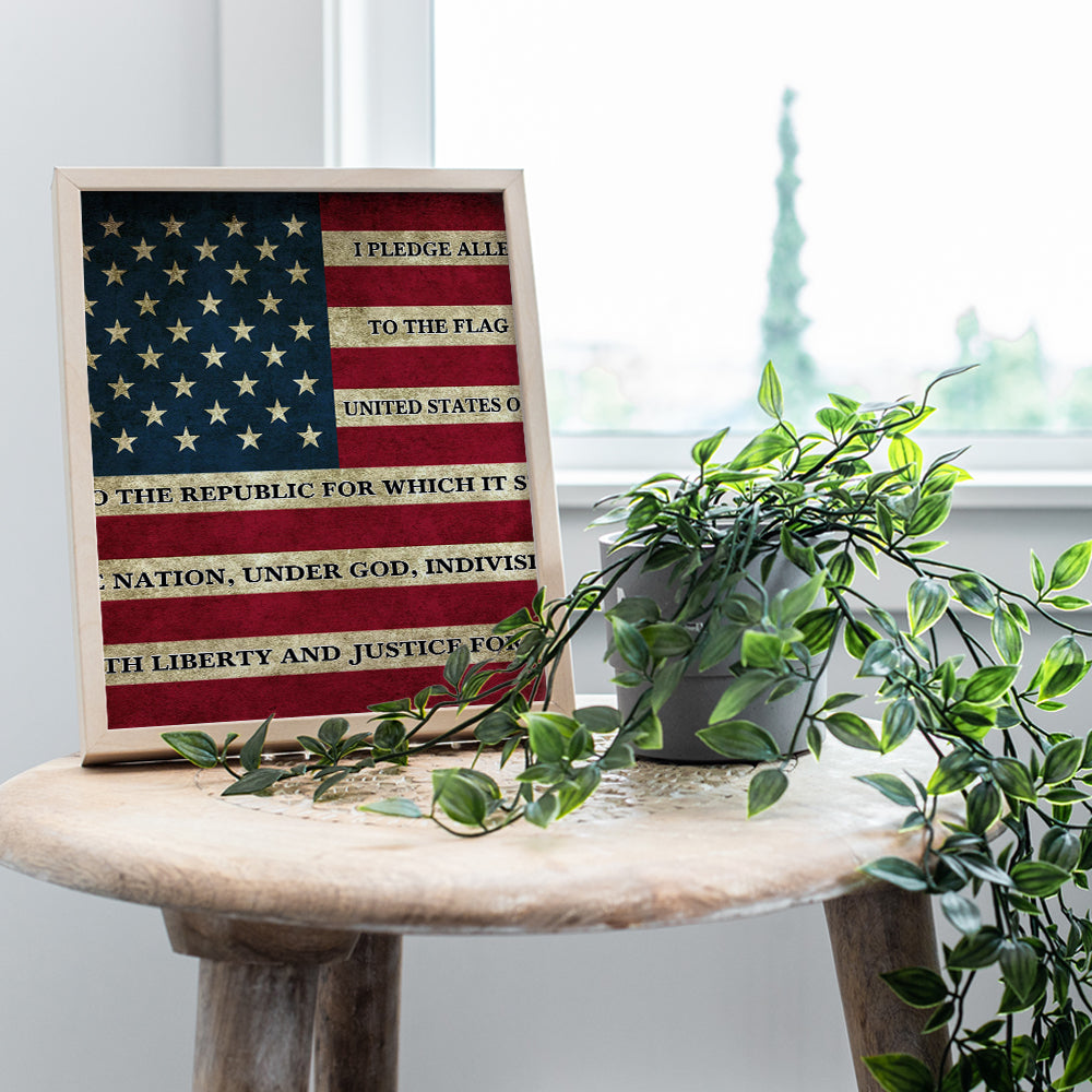 American Flag Pledge of Allegiance Patriotic Wall Art Picture - 8x10 Vintage Retro Rustic Home, Office or Apartment Decor for Living Room, Bedroom, Bar, Church - Gift for Patriots, America Fans