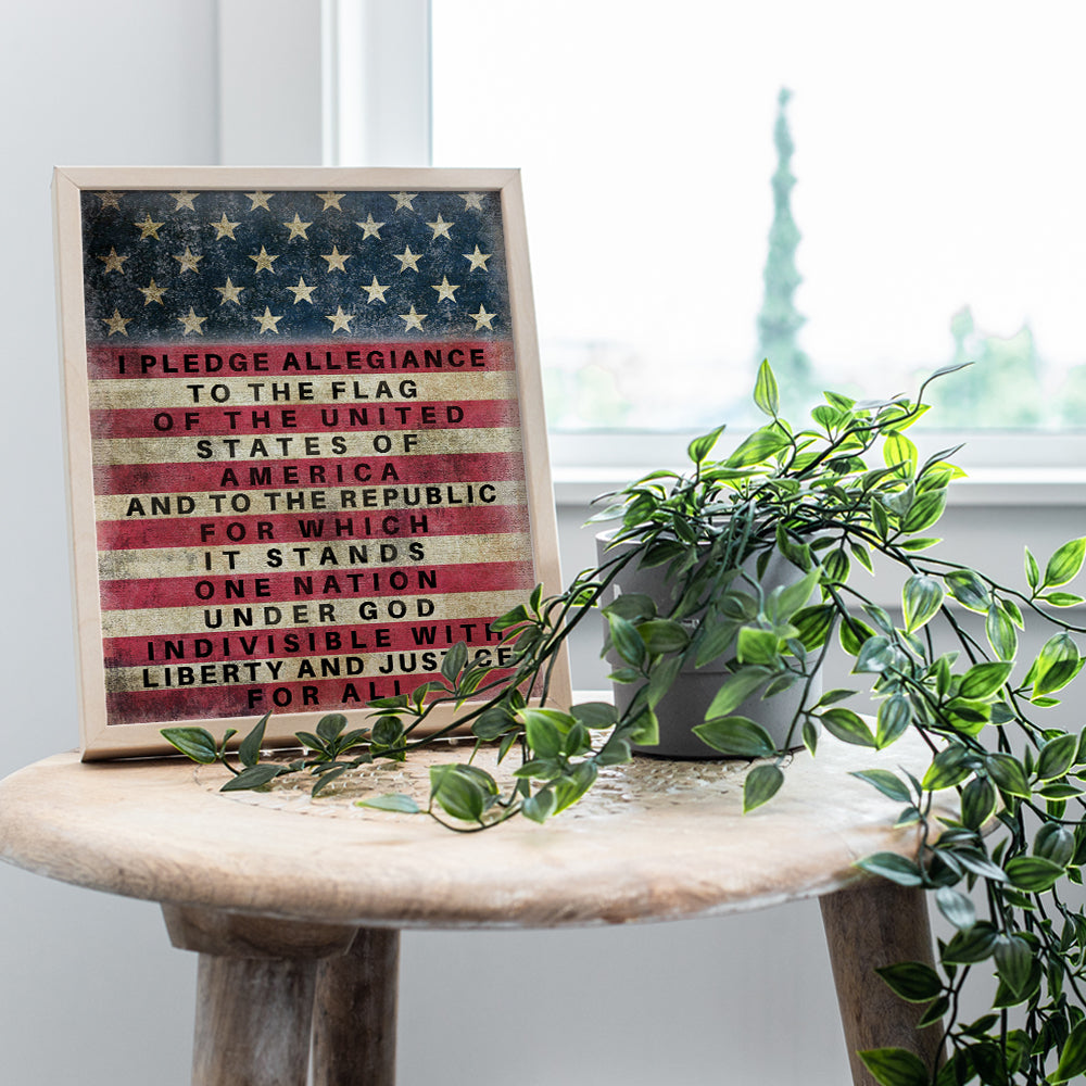 Patriotic American Flag Pledge of Allegiance Wall Art Print - Vintage Farmhouse Retro Home Decor - Great Gift for Military Veterans and 4th of July - Unframed 8x10 Photo