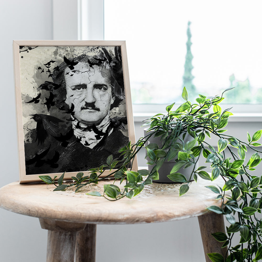 Edgar Allan Poe Poster - The Raven Gothic Wall Art Decor - Creepy Spooky Crow Home Decoration for Living Room, Apartment, Bedroom - Goth Gift for Men, Women, Wiccan, Halloween - 8x10 Picture Print