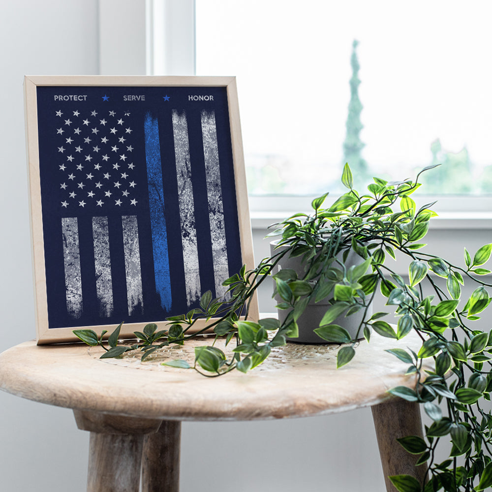 Police Flag Art Print - Rustic Wall Art Poster - Chic Home Decor for Office, Man Cave, Station, Gift for Police Officer, First Responder - 8x10 Photo Unframed