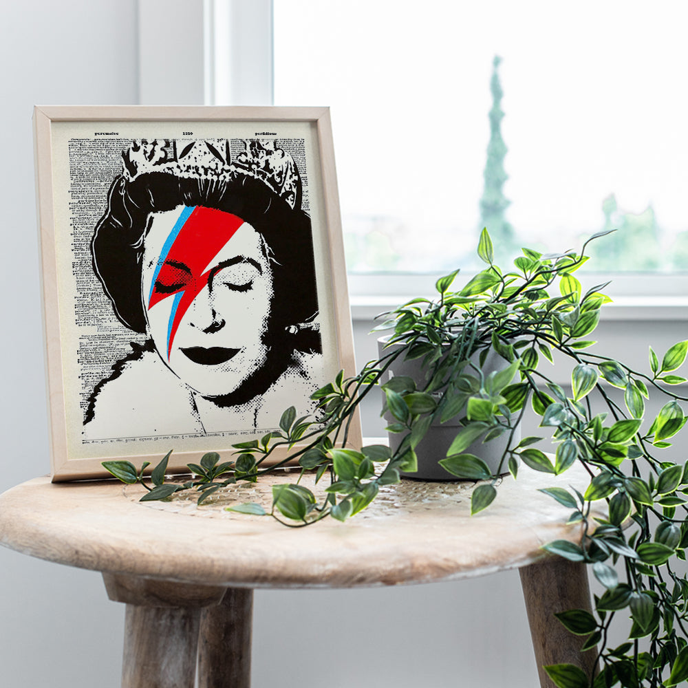 Banksy Queen Elizabeth Wall Art Poster - 8x10 Graffiti Art Print - Dictionary Art - Unique Gift for Urban Street Art Fans - Cool Room Decor for David Bowie Ziggy Stardust, British Royalty Fans