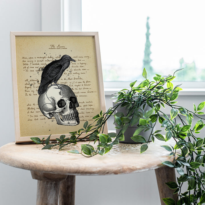 Edgar Allan Poe The Raven on Skull Poster - Vintage Gothic Creepy Wall Art - Goth Rustic Retro Home Decor, Nevermore Poem - Apartment or Office Decoration Picture for Living Room, Bedroom