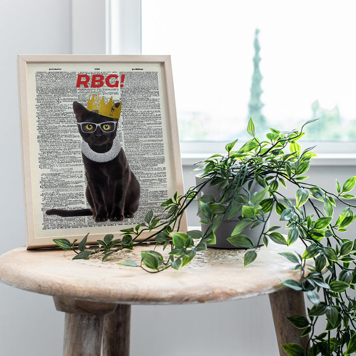 Ruth Bader Ginsburg Cat Wall Art Print - Funny RBG Cat Wall Decor - Upcycled Dictionary Art Picture - Vintage Photo - Great Unique Home Decor or Gift For Lawyers, Attorneys