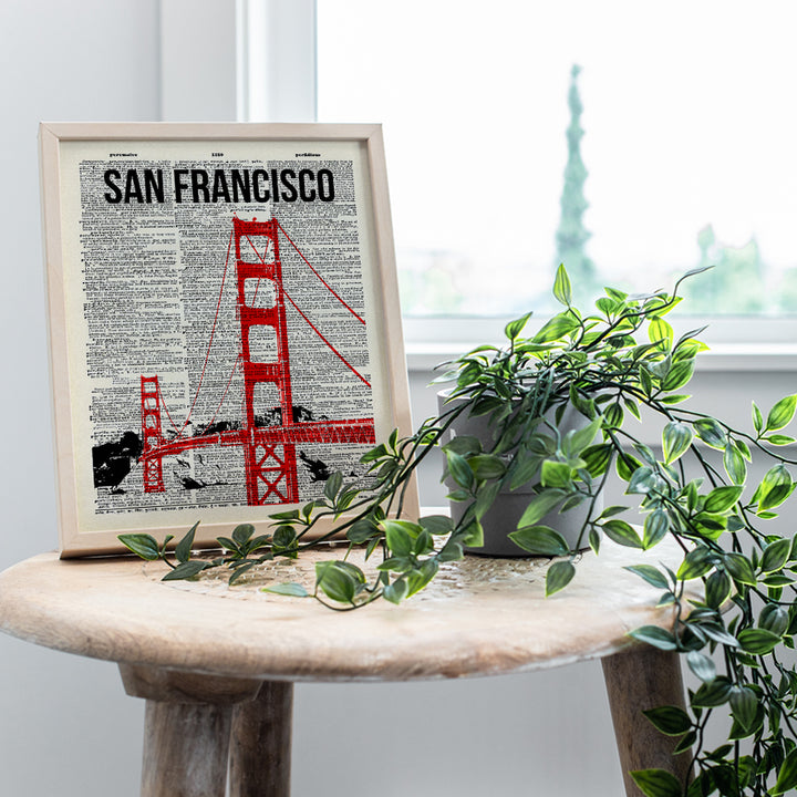 San Francisco Golden Gate Bridge Dictionary Wall Art - 8x10 Upcycled Photo, Home Decor, Room Decoration Poster Print - Cool Unique Gift for California, CA Fans - Unframed Picture