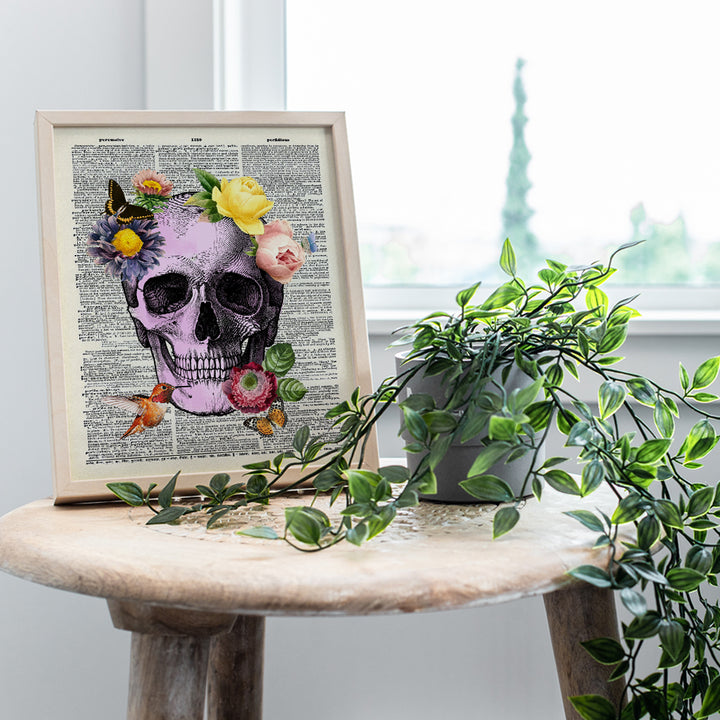 Skull Wall Decor - Gothic Skull Wall Art Print - Pink Shabby Chic Pop Art Poster for Medical Doctors Office - Unique Room Decorations or Gift for Women, Teens Bedroom - Floral Butterflies Hummingbird